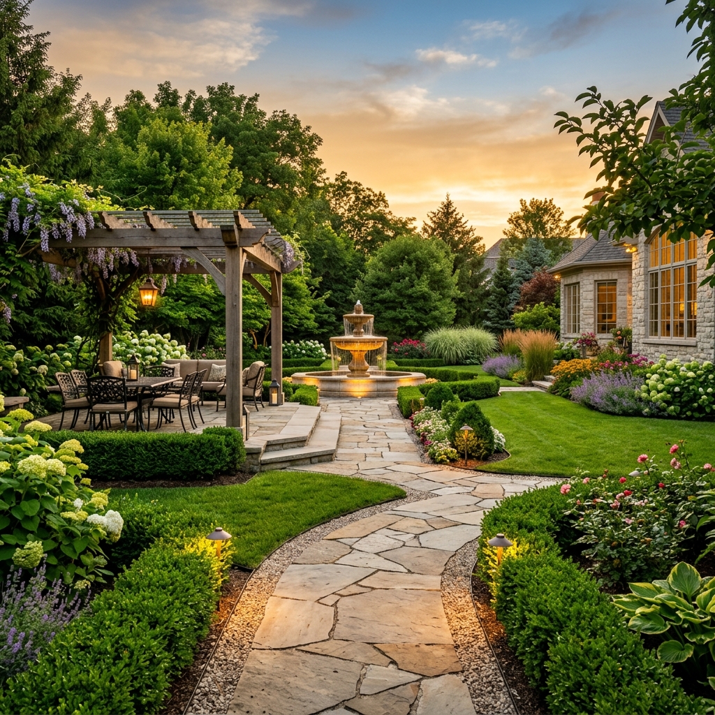Luxury landscaped garden at golden hour