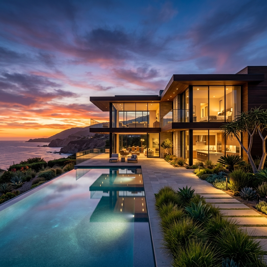 Luxury modern home at twilight